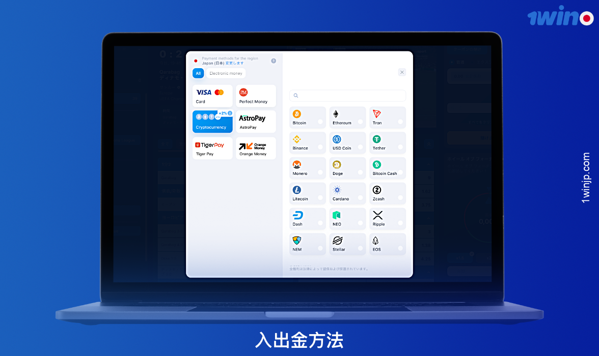 日本からのユーザーの利便性のために、1winは賞金の入金と引き出しの両方に使用できる様々な支払いオプションを提供しています